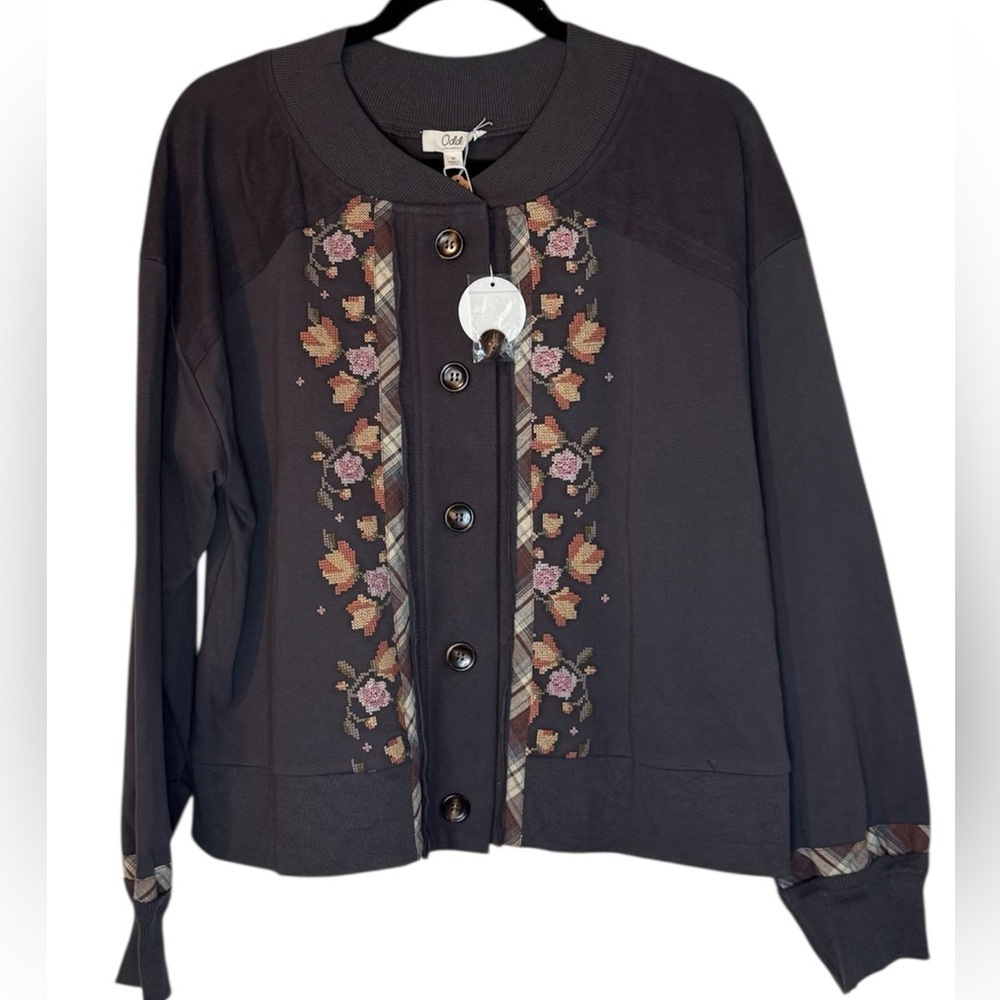 Oddi Brown Charcoal Tapestry Embroidered Plaid Button Front Cardigan Women’s
